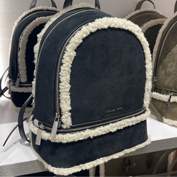 Michael Kors Rhea Medium Suede And Faux Shearling Backpack Black Nwt